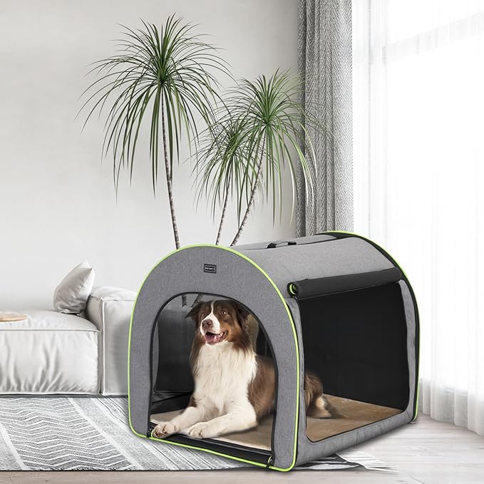 PETSFIT Collapsible Dog Crate, Dog Crate Travel - 35.5 Inch Lightweight, Roomy, Easy to Set Up, Sturdy Portable Dog Kennel with Thick Mat, Grey