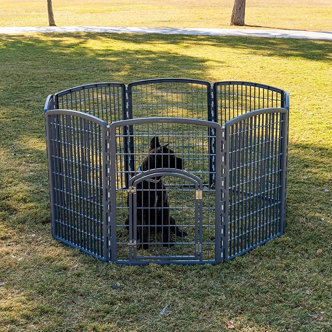 IRIS USA Dog Playpen, 8-Panel 34" Pet Playpen with Door, Puppy Playpen, Indoor/Outdoor Dog Pen, 63 x 63 x 34, Foldable, Customizable, Dark Gray