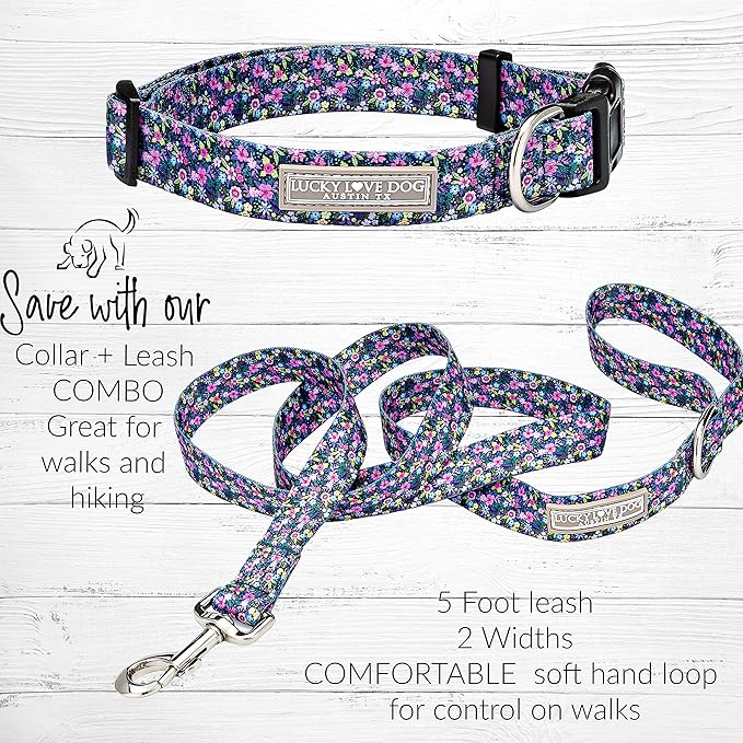 Lucky Love Dog, Comfortable, Soft, Cute Female Dog Collar for Medium Dogs, Black & Purple Floral Print, Adjustable Nylon Collar, Primrose, Medium