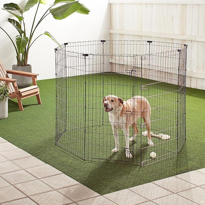 Amazon Basics Foldable Octagonal Metal Exercise Dog Playpen - Indoor/Outdoor, Single Door, Extra Large (8 Panels, 24 x 48), Easy to assemble and store customize, 48" - X-Large, Black