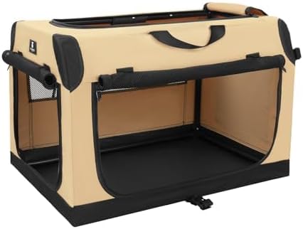 X-ZONE PET Dog Crate Travel Cage for Medium Dogs Portable Collapsible Cat Kennel with 3-Door Durable and Easy Clear Indoor & Outdoor Pet Home 32 '' Beige