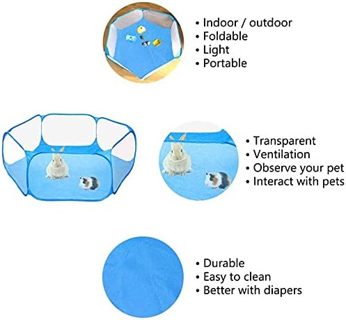 Portable Pet Tent Small Animal Pet Playpen Breathable Transparent Pet Tent with Zipper Top Cover Indoor Outdoor Foldable Cage Exercise Yard Fence (Blue Without Top Cover)