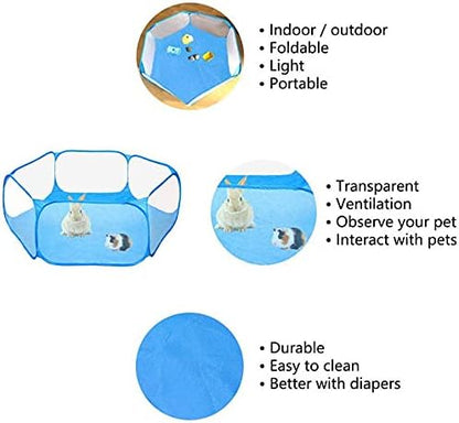 Portable Pet Tent Small Animal Pet Playpen Breathable Transparent Pet Tent with Zipper Top Cover Indoor Outdoor Foldable Cage Exercise Yard Fence (Blue Without Top Cover)