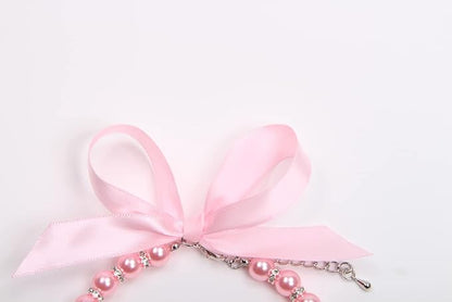 Dog Cat Pearls Necklace Collar with Bling Accessories and Ribbon Bow Pet Puppy Jewelry for Female Dogs Cats Small Medium (S, Pink)
