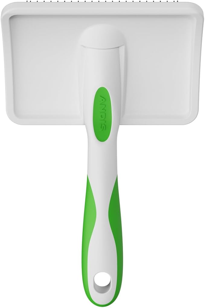 Andis 68540 Self-Cleaning Animal Slicker Brushes with Curved Stainless-Steel Bristles for All Breeds - Reduces Shedding by Up to 90%, Removes Tangles, Dirt & Loose Hair – Large, Green