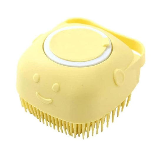 Dog Brush – Cat Brush – Shampoo Dispensing Scrubber – Soft Silicone Design – Hanging Loop – For All Skin Types – Grooming, Deshedding and Exfoliating, Yellow