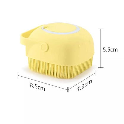 Dog Brush – Cat Brush – Shampoo Dispensing Scrubber – Soft Silicone Design – Hanging Loop – For All Skin Types – Grooming, Deshedding and Exfoliating, Yellow