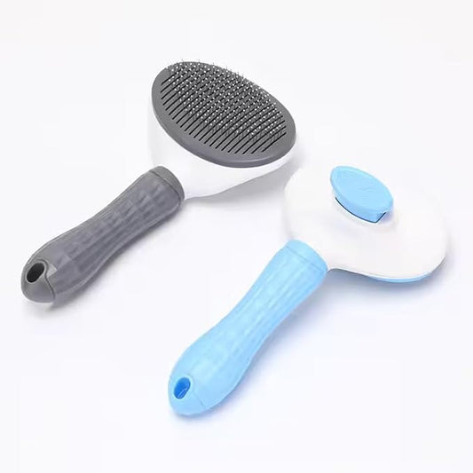 Self-Cleaning Pet Brush - One-Click Release Dog and Cat Grooming Tool with Oval Design for Easy Deshedding and Massage, Available in Sky Blue and Grey