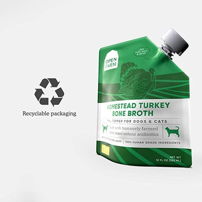 Open Farm Bone Broth, Food Topper for Both Dogs and Cats with Responsibly Sourced Meat and Superfoods Without Artificial Flavors or Preservatives, 72oz (6 Pack Homestead Turkey)