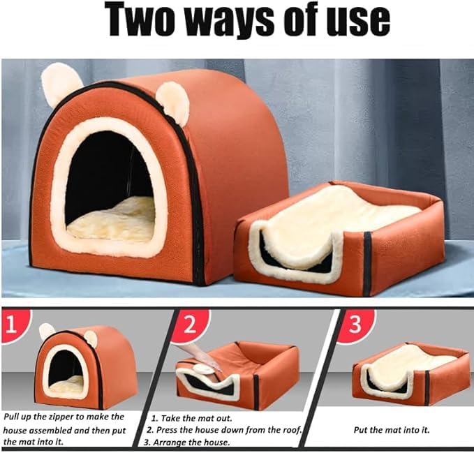 Cat Bed or Dog Bed,2 Ways to Use,Indoor Pet House with Fluffy Mat,Removable and Washable Cover,Splash-Proof House and Non-Slip Bottom,for Cats and Small Dogs(S Plaid & Gray)