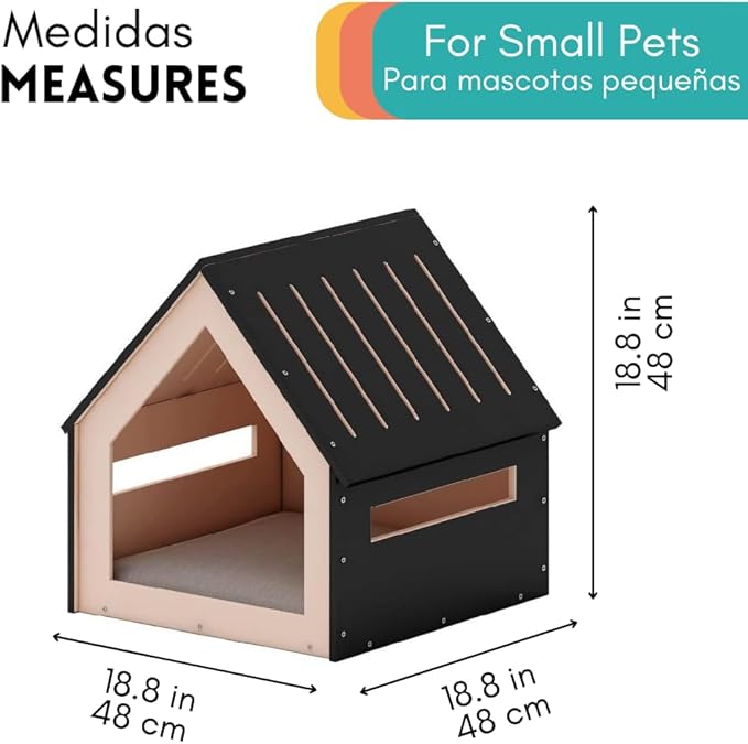Medium House for Pets, Wooden House for Pets for Interiors, Resistant Wood with Cushion for Dog Included, Minimalist, Elegant and Resistant, 18x18x18 in, Black