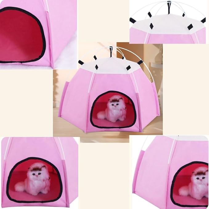Cute Cat Teepee Cave, Cat Tent Foldable Indoor Outdoor with Thick Mat,Puppy Bed Tent,Bunny Pet Tent Teepee,Portable Dog House Teepee Tent, Cat Bed,Dog Bed Tent,Puppy Bunny,Pet Tent Teepee (D, L)