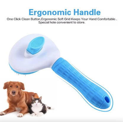 Pet Clean Hair Remover Button Stainless Steel Brushes Dogs Cat Slicker Self Cleaning Grooming Pet Comb Brush, blue, pink, grey