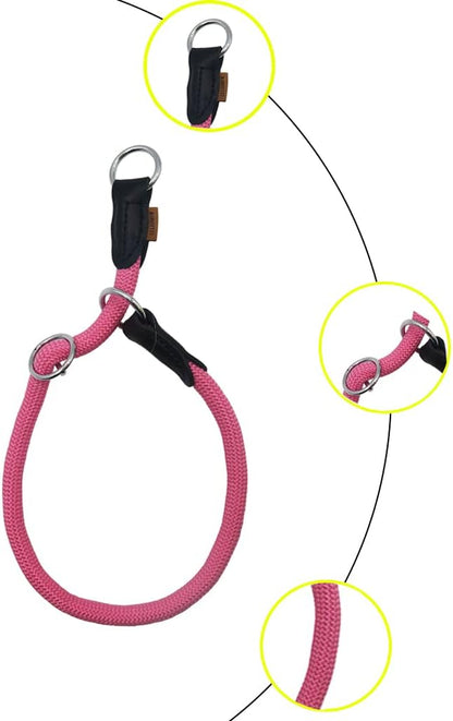 Braided Rope Collar, Pro Training Dog Collar, No Pull Round Martingale Collar, Slip Collar with Slidable Stop Ring - Ideal for Large Dogs (XL(1/2") - 26" Long, Pink)
