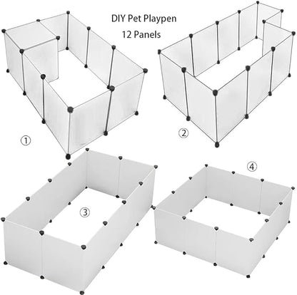 Pet Playpen for Puppy - Plastic Yard Fence Tent for Small Animals,Rabbits Puppy Kennel Cage,Portable Large Space with Transparent White 12 Panels