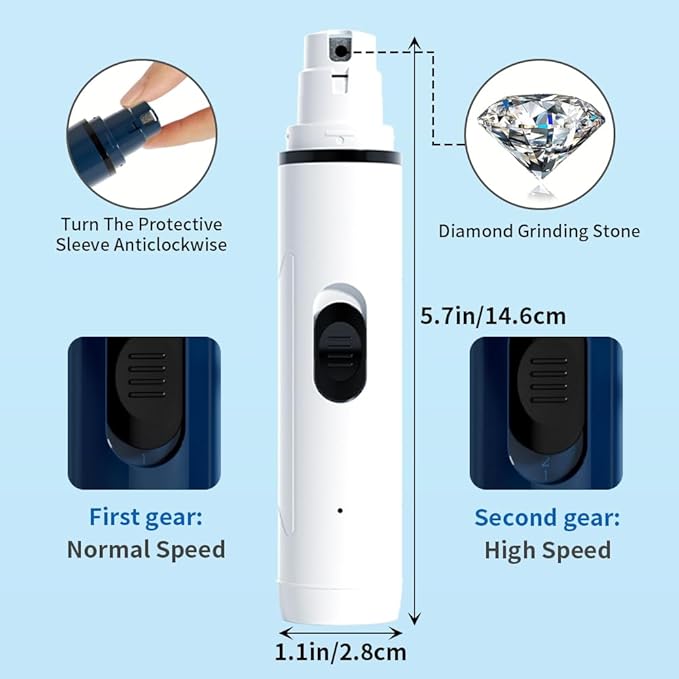 Dog Nail Grinder with 2 Grinding Heads - 2-Speed Powerful Electric Pet Nail Trimmer Professional, Painless Claw Decoration and Smoothing Suitable for Small, Medium, Large Dogs and Cats