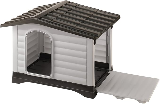 Ferplast Dog Villa Indoor and Outdoor Dog House for Small Dog Breeds, Measures 28.75L x 23.23W x 20.87H Inches, Ventilated with Patented Fold-Out Porch, Cream with Dark Brown Bottom, Part # 87253099