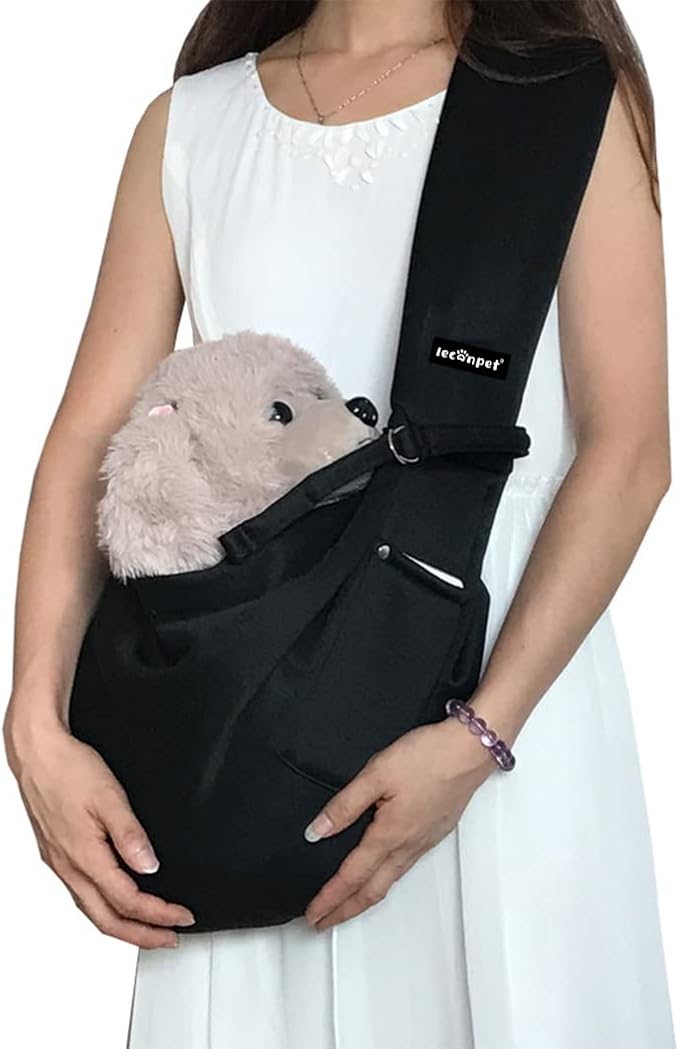 Leconpet Dog Sling Carrier Shoulder Bag for Pets with Mobile Phone Pocket Safety Buckle Security Lock, Suitable for Puppy, Small Dogs, and Cats for Outdoor Travel (Black)