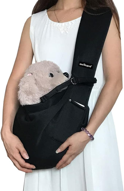 Leconpet Dog Sling Carrier Shoulder Bag for Pets with Mobile Phone Pocket Safety Buckle Security Lock, Suitable for Puppy, Small Dogs, and Cats for Outdoor Travel (Black)