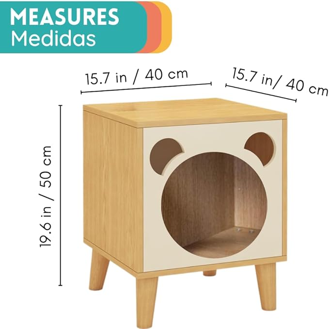 POLIPETS Side Table and House for Pets, Wooden Table for Pets, MDF Resistant Wood, Minimalist, Elegant and Resistant, Space Saving 20x16x16in, Beige