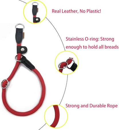 Braided Rope Collar, Training Dog Collar, Round Martingale Collar, Slip Collar with Adjustable Stopper and Slidable Stop Ring - Ideal for Large Dogs (L(1/2") - 20" Long, Red)