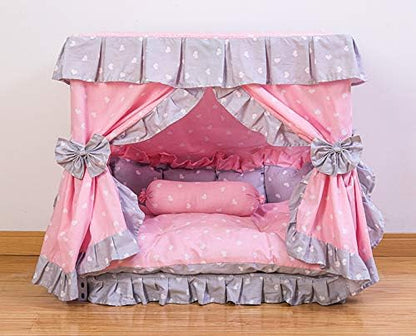 Princess Pink Grey White Heart Pet Dog Handmade Bed House+1 Candy Pillow (S)