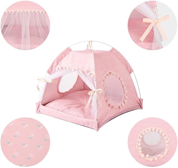 Cat Bed Tents Dog House Indoor Outdoor Lace Mesh Breathable Windows Door Curtains Removable Portable Nest Teepe House (Small,Pink(Flower))
