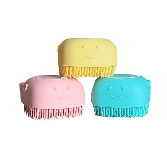 Pet Brush with Shampoo Dispenser - Yellow Silicone Bath Brush with Soap Scrubber for Relaxing & Non-Stress Grooming of Dogs and Puppies