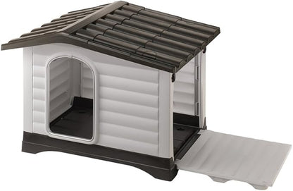 Ferplast Dog Villa Medium Indoor and Outdoor Dog House, Measures 35.04L x 25.4W x 28.5H Inches, Ventilated with Patented Fold-Out Porch, Cream with Dark Brown Bottom, Part # 87255099