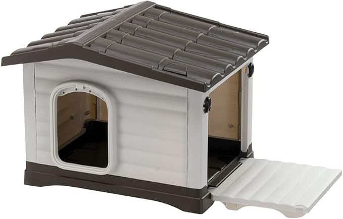 Ferplast Dog Villa XS Dog House for Extra Small Dog Breeds, Measures 23Lx17Wx18H Inches, Ventilated with Patented Fold-Out Porch, Cream with Dark Brown Bottom, Part # 87252799US1