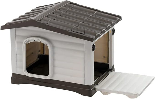 Ferplast Dog Villa XS Dog House for Extra Small Dog Breeds, Measures 23Lx17Wx18H Inches, Ventilated with Patented Fold-Out Porch, Cream with Dark Brown Bottom, Part # 87252799US1