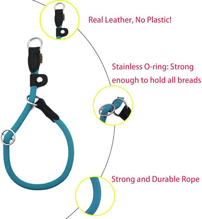Braided Rope Collar, Training Dog Collar, Round Martingale Collar, Slip Collar with Adjustable Stopper and Slidable Stop Ring - Ideal for Extra Large Dogs (XL(1/2") - 24" Long, Light Blue)