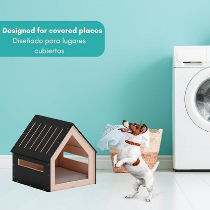 Big House for Pets, Wooden House for Pets for Interiors, Resistant Wood with Cushion for Dog Included, Minimalist, Elegant and Resistant, 24x25x24.5 in, Black