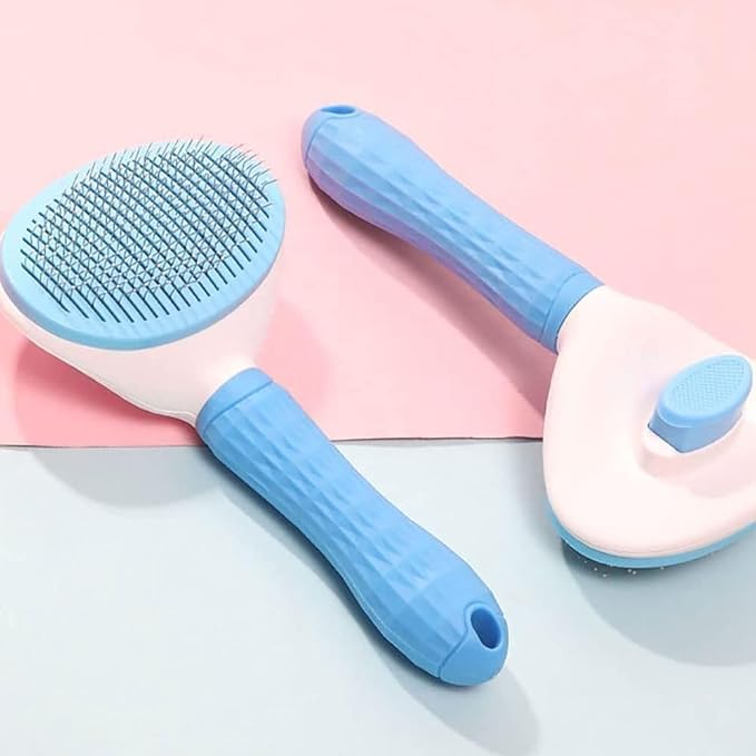 Self-Cleaning Slicker Brush for Deshedding Pets - Smooth Handle with Cleaning Button, Ideal for Grooming and Massaging Dogs and Cats (Blue)