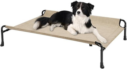 Veehoo Elevated Dog Bed, Cooling Raised Dog Bed with Guardrail & Headrest, Upgraded Non-Slip Silicon Feet, Breathable Teslin Mesh, Portable Pet Cot for Indoor and Outdoor, Medium, Beige Coffee CWC2404