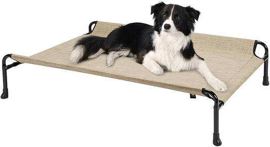 Veehoo Elevated Dog Bed, Cooling Raised Dog Bed with Guardrail & Headrest, Upgraded Non-Slip Silicon Feet, Breathable Teslin Mesh, Portable Pet Cot for Indoor and Outdoor, Medium, Beige Coffee CWC2404