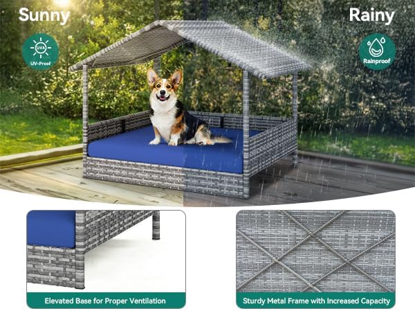 YITAHOME Large Wicker Dog House with Cushion Outdoor Indoor Rattan Doghouse Elevated Raised Dog Bed with Canopy Water Resistant Dog Cot for Small, Medium, and Large Dogs, Gray & Blue