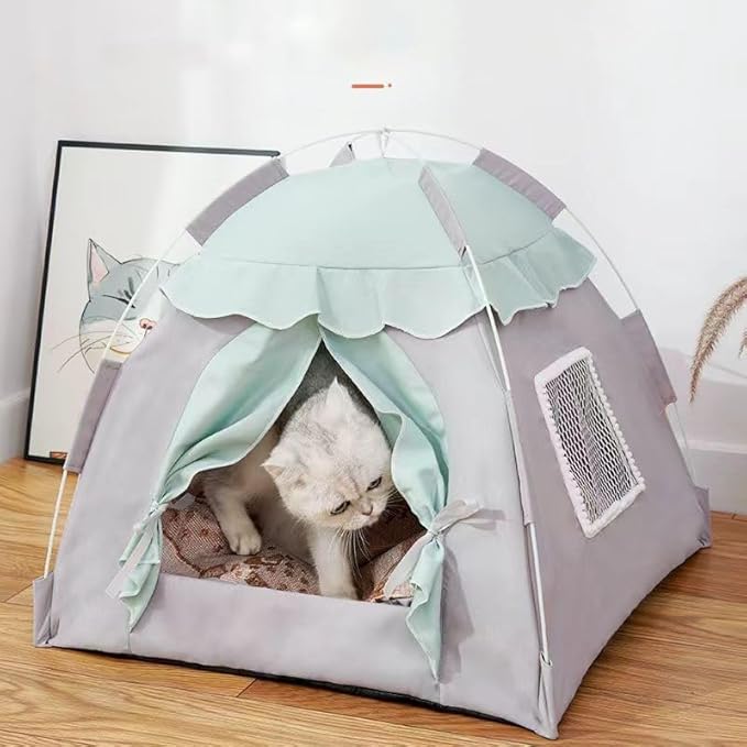 Cute Cat Teepee Cave, Cat Tent Foldable Indoor Outdoor with Thick Mat,Puppy Bed Tent,Bunny Pet Tent Teepee,Portable Dog House Teepee Tent, Cat Bed,Dog Bed Tent,Puppy Bunny,Pet Tent Teepee (W, L)