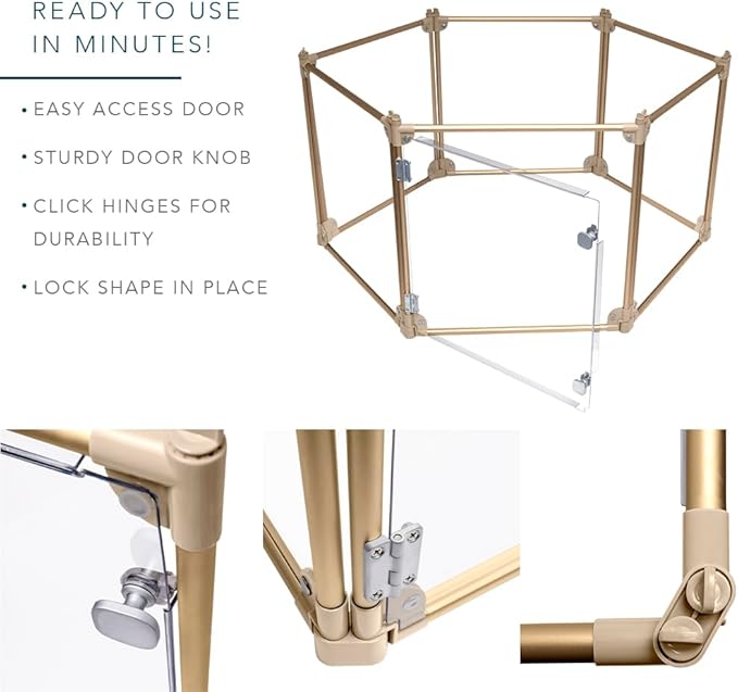 Front Row Foldable Dog Playpen – Durable and Portable Puppy Playpen for Exercise, Rest & Play – Clear Fence Panels with Aluminum Rods and Crate for Dogs and Other Small Pets (Gold, 6-Panel)