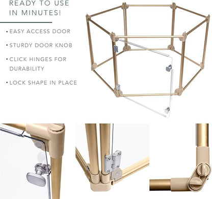 Front Row Foldable Dog Playpen – Durable and Portable Puppy Playpen for Exercise, Rest & Play – Clear Fence Panels with Aluminum Rods and Crate for Dogs and Other Small Pets (Gold, 6-Panel)