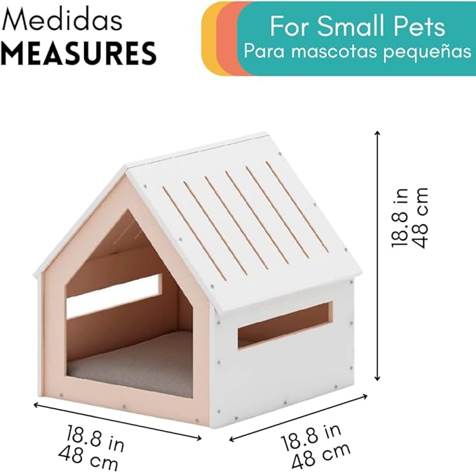 Medium House for Pets, Wooden House for Pets for Interiors, Resistant Wood with Cushion for Dog Included, Minimalist, Elegant and Resistant, 18x18x18 in, Matte White