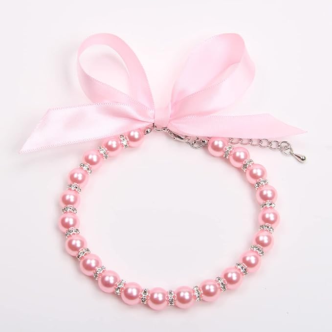 Dog Cat Pearls Necklace Collar with Bling Accessories and Ribbon Bow Pet Puppy Jewelry for Female Dogs Cats Small Medium (S, Pink)