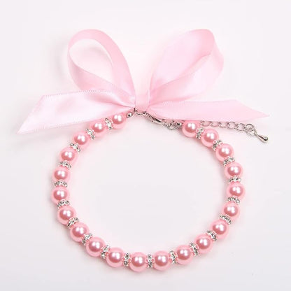 Dog Cat Pearls Necklace Collar with Bling Accessories and Ribbon Bow Pet Puppy Jewelry for Female Dogs Cats Small Medium (S, Pink)