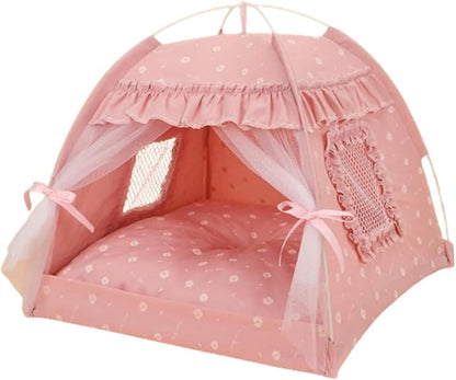 Cat Bed Tents Dog House Indoor Outdoor Lace Mesh Breathable Windows Door Curtains Removable Portable Nest Teepe House (Large,Pink(Ruffled Teim))