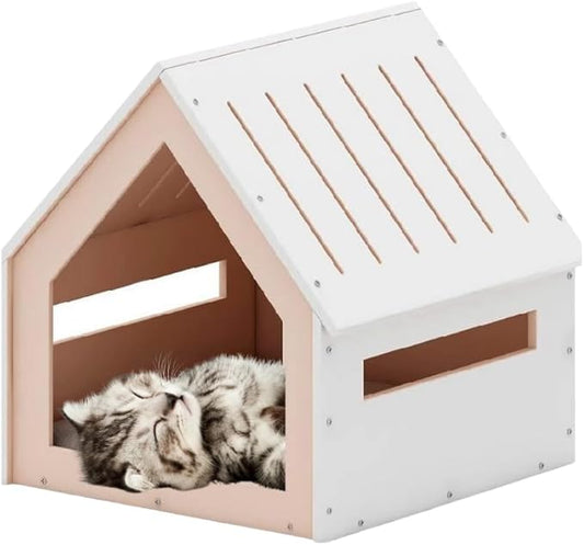 Medium House for Pets, Wooden House for Pets for Interiors, Resistant Wood with Cushion for Dog Included, Minimalist, Elegant and Resistant, 18x18x18 in, Matte White