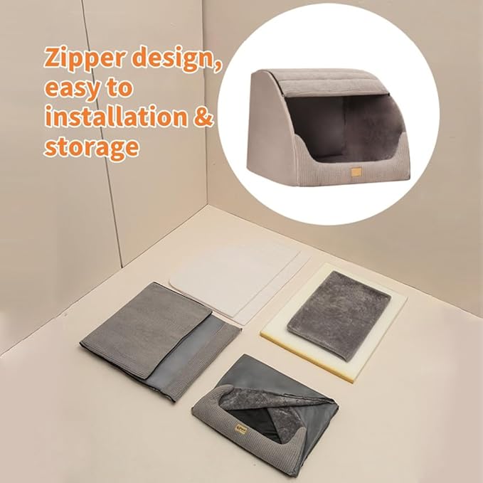 Large Dog House Indoor, Soft Plush Dog Cave Bed Covered Dog Bed with Fluffy Washable Cushion, Portable Dog/Cat Pet Tent House for Small Medium Dogs (Grey, Large)