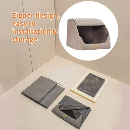 Large Dog House Indoor, Soft Plush Dog Cave Bed Covered Dog Bed with Fluffy Washable Cushion, Portable Dog/Cat Pet Tent House for Small Medium Dogs (Grey, Large)