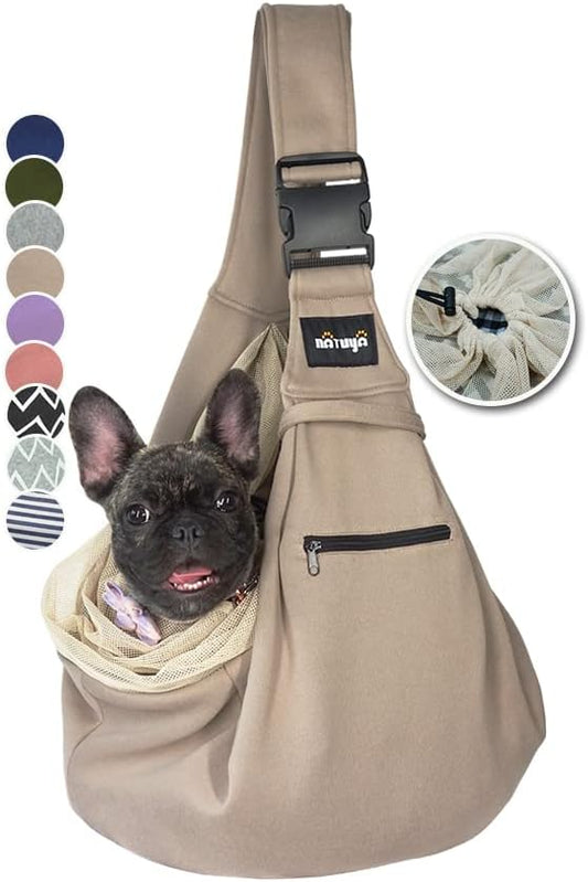 NATUYA Pet Dog Sling Carrier - Dog Sling with Net Bag for Carrier Dogs Cats-Hands Free Pet Bag-Buckle net Pocket pet Bag (Khaki)