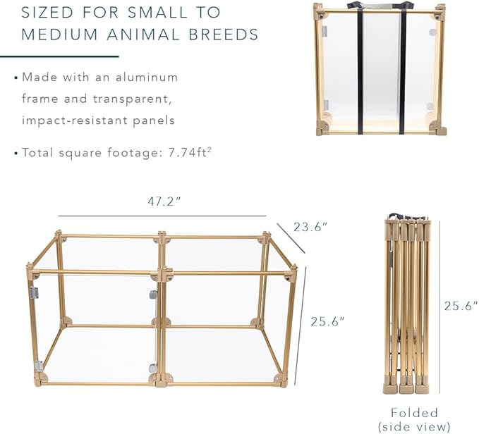 Front Row Foldable Dog Playpen – Durable and Portable Puppy Playpen for Exercise, Rest & Play – Clear Fence Panels with Aluminum Rods and Crate for Dogs and Other Small Pets (Gold, 6-Panel)