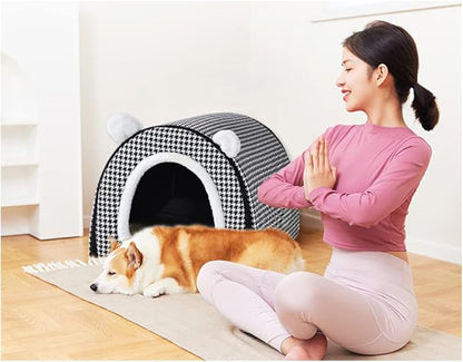 Dog Bed,2 Ways to Use,Indoor Pet House with Fluffy Mat,Removable and Washable Cover,Non-Slip Bottom,for Extra Large Dogs(3XL Black Cranes)